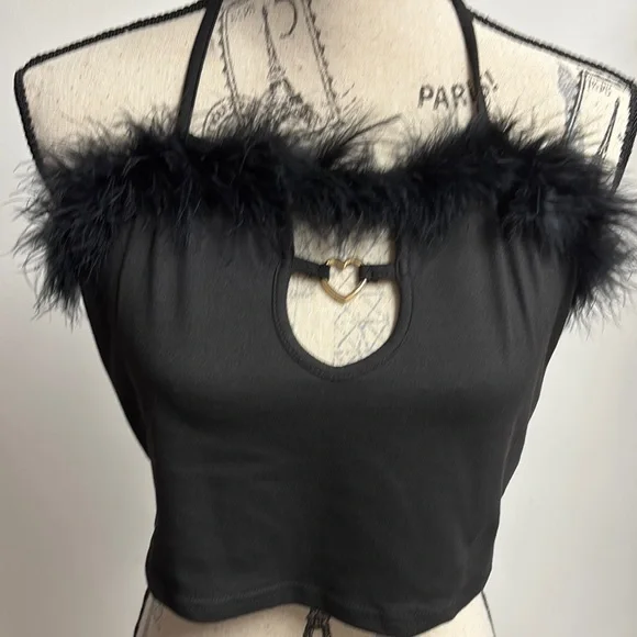 Black Feather Trim Crop Top with Cutout - Picture 5 of 14